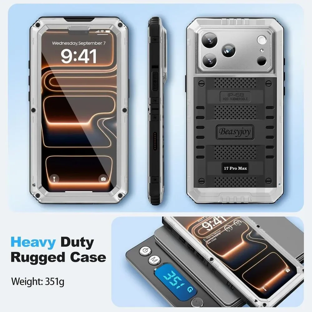Beasyjoy iPhone 17 Pro Max Case Waterproof Heavy Duty Metal Rugged Cover Silver